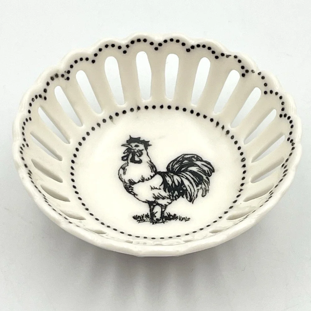 Sadek Barnyard Toile Farm Rooster Pierced Dish 2 13/16
